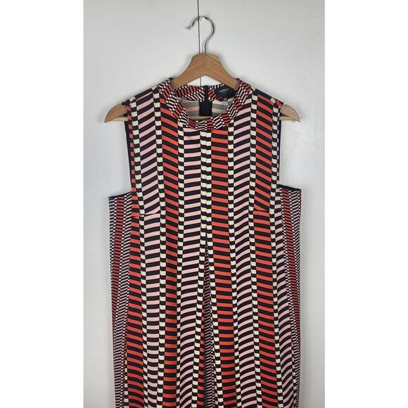 MARELLA Stripe Pleated A-Line Geometric Print Shift Silky Dress Black Orange | 8 - Picture 5 of 16